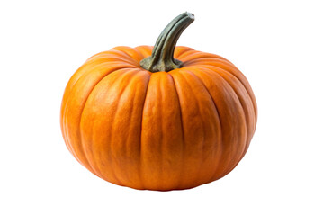 Obraz premium Ripe pumpkin with vibrant orange color and curved green stem, standing out against a clean white background