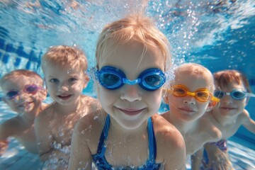 Joyful Kid Swimmers: Cheerful Youngsters Splashing and Posing at the Indoor Pool in Vibrant Blue Water