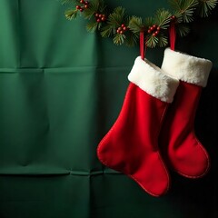hanging red christmas stockings filled with gifts, copyspace, green background