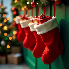 hanging red christmas stockings filled with gifts, copyspace, green background