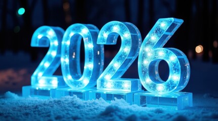 Glowing blue 2026 numbers illuminated with lights in winter snow