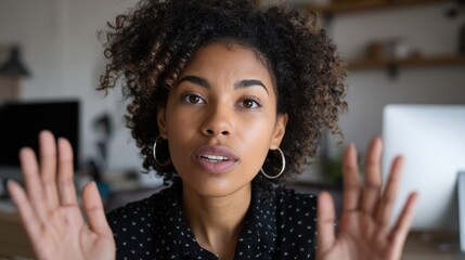 Confident Black Female Entrepreneur Engaged in Business Discussion on Webcam from Home Office