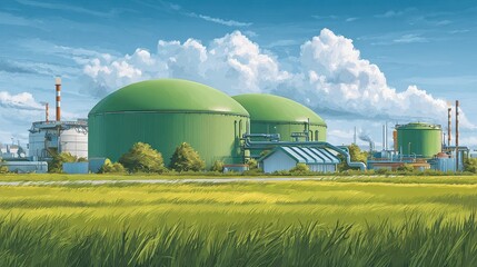 Sustainable Energy Hub: Biogas Power Facility Amidst Lush Fields for Agribusiness and Emission Reduction