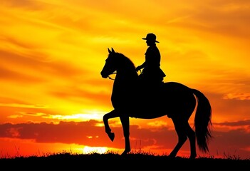 Silhouette of equestrian & mount against vibrant sunset sky, graceful, clouds
