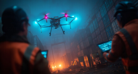 Modern industrial scene workers utilize drones and ai scanners for enhanced efficiency and safety in a futuristic environment