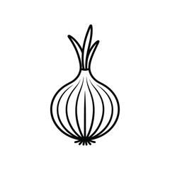 Simple line drawing of a fresh onion with green sprouts