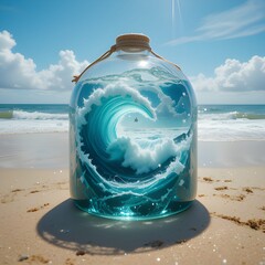 Ocean Wave Trapped Inside Glass Bottle on Beach