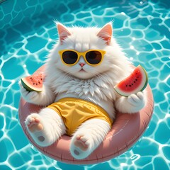 Adorable Cat Enjoying Summer Pool Vacation