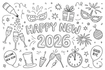 Doodle style happy new year celebration for year 2026.