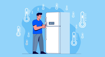Man Adjusting Refrigerator Temperature With Thermometers Floating on Blue Background