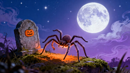 Hairy tarantula spider crawling on a mossy tombstone under a huge full moon on halloween night.