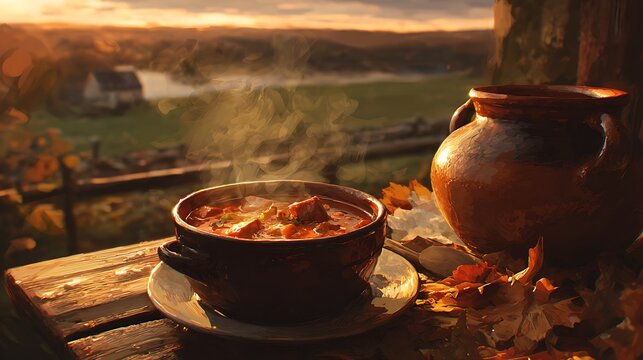 Cozy autumn soup with landscape background, rustic bowl of hot soup, fall season food photography - Powered by Adobe