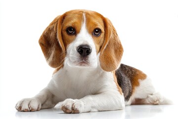 Adorable Beagle on White Backdrop: Playful Puppy Portrait of a Purebred Canine Companion