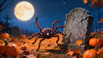 Cute cartoon fuzzy spider by a gravestone and pumpkins under a full moon, autumn halloween night.