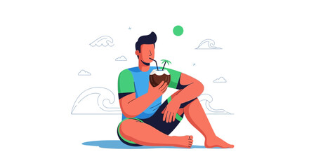 Fototapeta premium Man Relaxing Enjoying Coconut Drink At The Beach Illustrative Vector Cartoon Summer Day