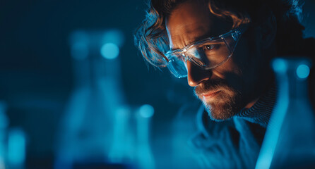 Fototapeta premium Close-up portrait of a cyberpunk character with neon lights and glitching effects in a futuristic cityscape