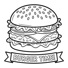 Delicious double cheeseburger with burger time banner coloring page