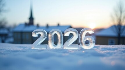 Ice numbers 2026 in snow with winter sunset and buildings