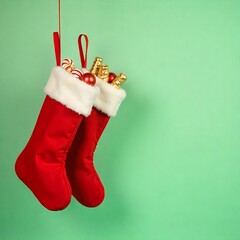 hanging red christmas stockings filled with gifts, copyspace, green background