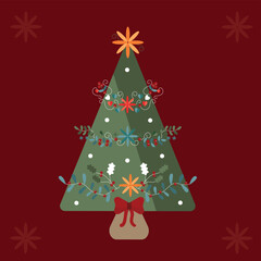 Elegant Christmas tree with arabesques and flowers on a red background