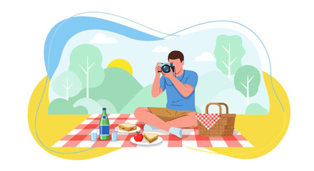 Photographer Capturing Scene During A Picnic With Refreshments And Natural Rural Background