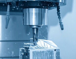 Close-up view of a precision machining process, showcasing a metalworking tool drilling into a metal workpiece.