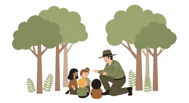 Park ranger teaching children about nature in a forest illustration