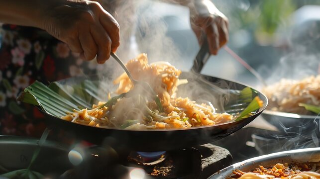 Street food vendor cooking pad thai noodles in a wok with steam rising