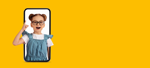 A young girl wearing glasses and a blue dress appears in a collage. She has a happy expression and points her finger up, suggesting an idea. The bright yellow background adds energy to the scene.