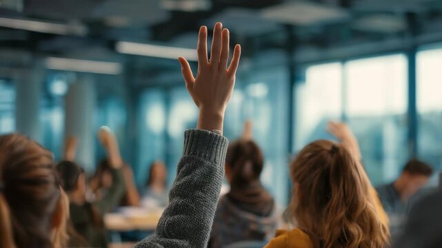 A group of students enthusiastically raise their hands in a contemporary classroom, showing engagement and curiosity. The scene captures a dynamic learning atmosphere with natural light