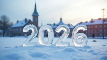 Ice sculpture of the year 2026 in a snowy european city square