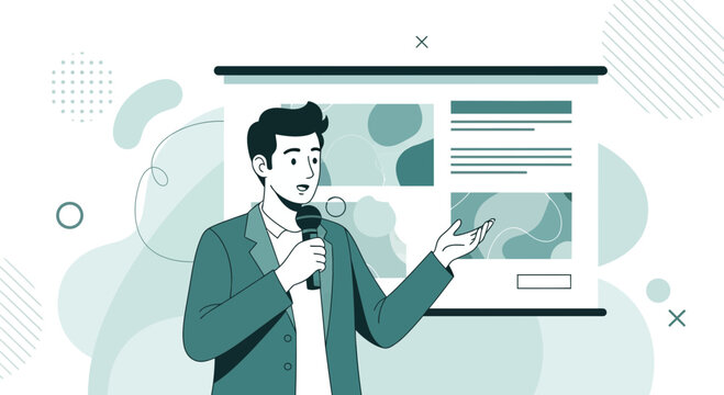 Presenter Explaining Information Before a Screen, Delivering a Public Presentation in Vector Style