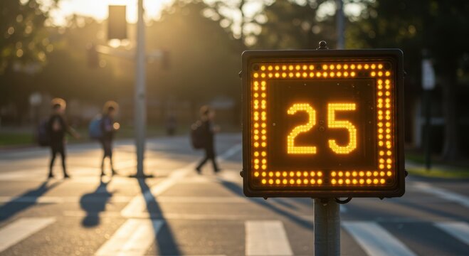Digital pedestrian countdown timer displaying 25 seconds in evening light  
