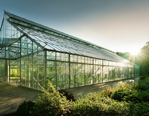 Obraz premium glass and steel greenhouse structure in botanical park architectural detail shot soft ambient light green tech bio architecture