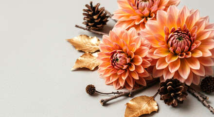 Fototapeta premium Autumn floral composition with dahlia flowers, pine cones, and gold-painted leaves on a light gray background.