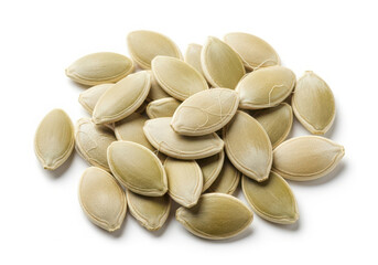 Pile of raw pepitas pumpkin seeds on a white background
