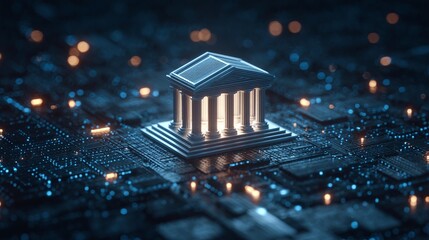 Digital Finance Infrastructure: A classical structure, symbolizing financial institutions, atop a modern circuit board. Investment in future tech