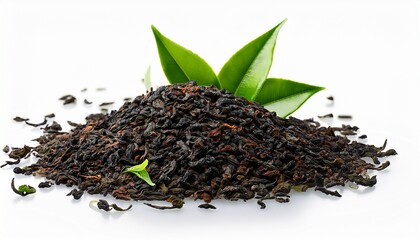 Fototapeta premium dry black tea with green tea leaves isolated on white background
