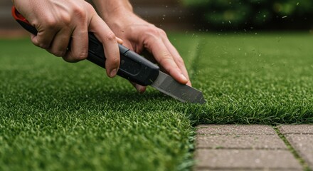 Hands cutting artificial grass for turf installation outdoors  