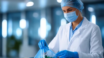 Professional female researcher wearing lab coat, gloves, surgical mask handles scientific samples in high tech laboratory. Environment emphasizes sterility, precision, advanced research practices - Powered by Adobe