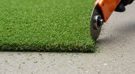 Turf installation with cutting tool on artificial grass surface  