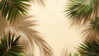 Obraz premium The image shows several palm fronds arranged on a beige surface, casting shadows that add depth and texture to the scene.