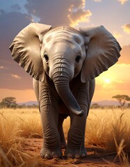 Baby elephant in savanna sunset