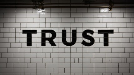 Obraz premium Inscription ?TRUST? in black on a wall of glossy rectangular white tiles, with exposed pipes above.