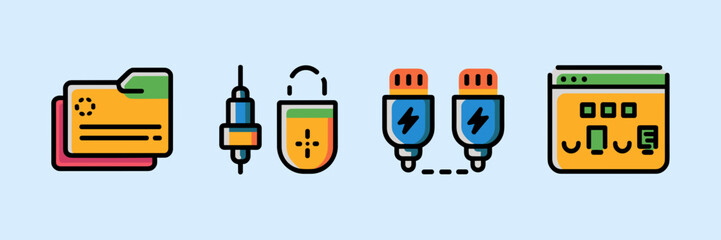 Vector icon sheet for electronics retail with warranty, cable types, charging, and chart icons