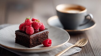 Chocolate cake with raspberries on plate, coffee cup in background, food photography