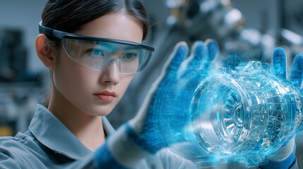 Young female engineering student using AR glasses and interacting with digital object  