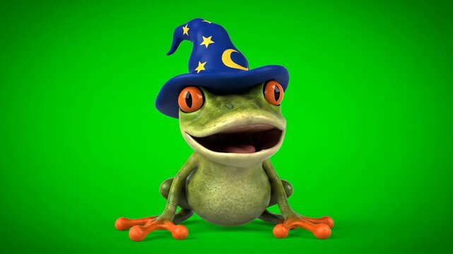 Cartoon Frog Wizard on Green Screen - This video shows a cartoon frog wearing a blue wizard hat decorated with yellow stars and a crescent moon.