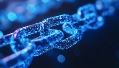 A 3D rendering shows a chain composed of links filled with glowing blue digital code, suggesting concepts of connection and data security.