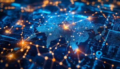 The illustration shows a network of interconnected nodes displayed over a digital world map, representing global communication and data flow.